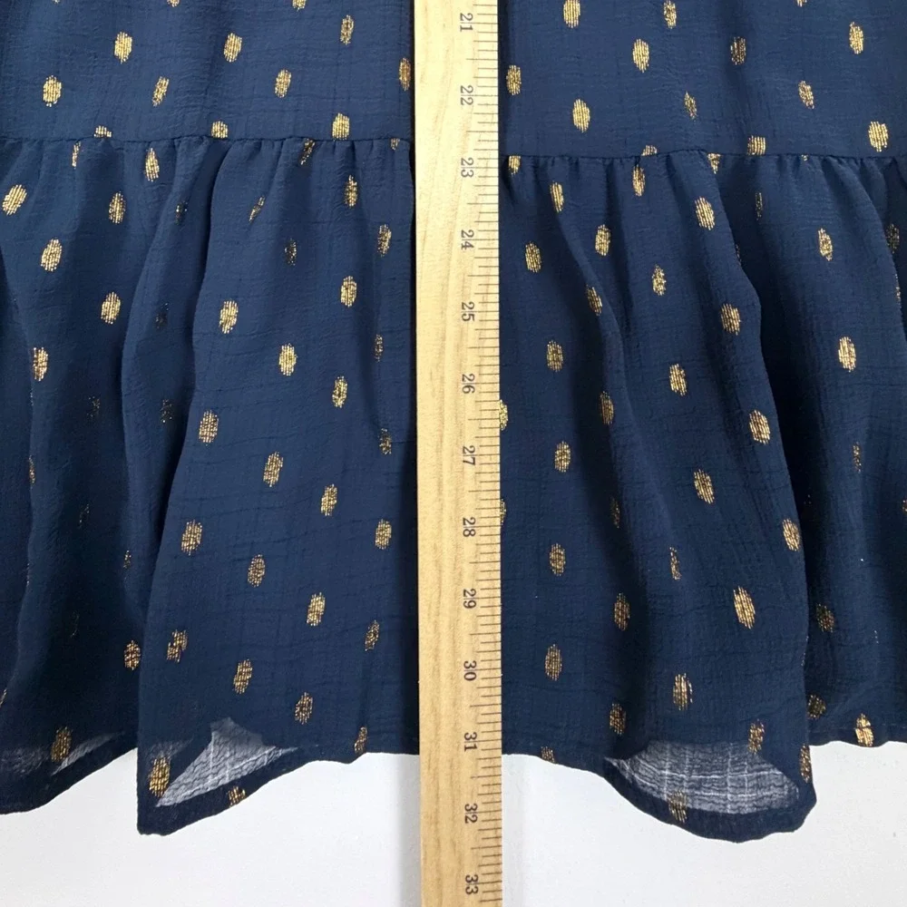 Blu Pepper Navy Blue Gold Metallic Foil Clip Dot Tiered Mini Dress Womens Medium